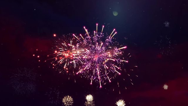 big shiny fireworks with bokeh lights in the night sky Loop Animation Background. Birthday, Anniversary, Celebration, Holiday, new year, Party, event, celebrations, Invitation, carnival, Christmas