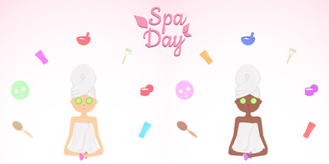 Vector Illustration. Spa Day Set of Self Care Products. Girls in Towels Relaxing, Making Masks.