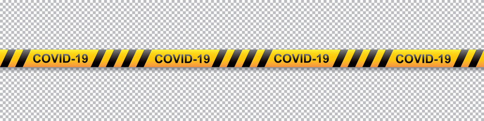 Warning COVID-19 yellow and black stripe on transparent background