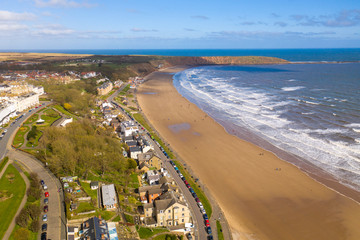 Aerial photo of the British seaside town of Filey, the seaside coastal town is located in East...