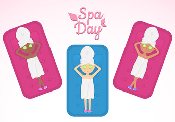 Vector Illustration. Spa Day Concept. Girls in Towels Relaxing, Lying on Treatment Couches with Cucumber Masks