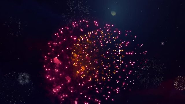 Colorful fireworks above night sky Loop Animation Background. Birthday, Anniversary, Celebration, Holiday, new year, Party, Invitation, Christmas, festival, greeting, Diwali, Wedding, event