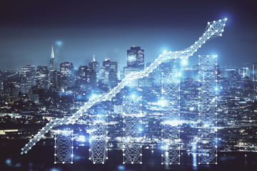 Financial graph on night city scape with tall buildings background double exposure. Analysis concept.