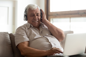 Smiling older man wearing wireless headphones enjoying popular music, using laptop, happy mature...