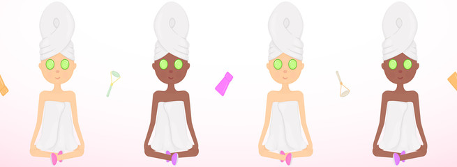 Seamless Border. Vector Illustration. Spa Day Concept. Cute Cartoon Relaxed Girls in Towels Sitting in Lotus Pose and Self Care Tools