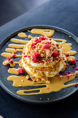 Ricotta, raspberry and dulce de leche pancakes