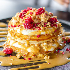 Ricotta, raspberry and dulce de leche pancakes