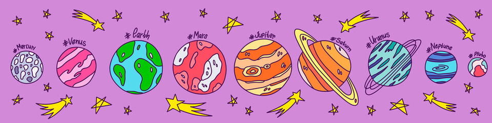 Cartoon solar sistem with planets names and stars. Isolated on purple background. Mercury, Venus, Earth, Mars, Jupiter, Saturn, Uranus, Neptune, Pluto. For poster, banners in child room. Doodle style
