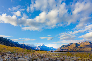 Offroad car with snow mountains in the back © donvictori0