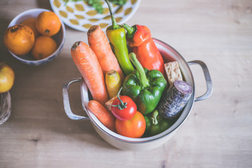 Healthy eating: Topview of fresh organic vegetables in the kitchen