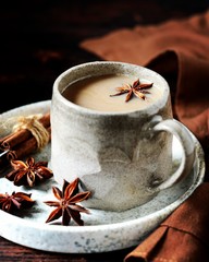 Masala tea in a ceramic mug on a dark wooden background with spices