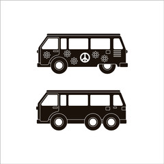 Icons of minibus for travel in black. Vector illustration. Minivan for hippies. Sign of Peace