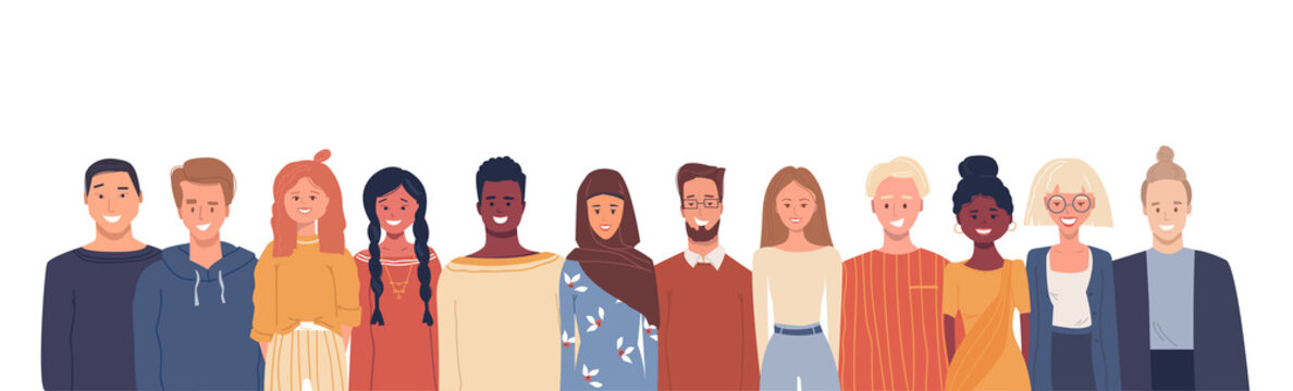Vector illustration in flat style. Global society. Happy smiling people of different nationalities, cultures. Multiethnic group of people. Bright positive composition with white empty place for text