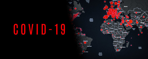 Coronavirus pandemic horizontal web banner with red dots peaks of the epidemic in countries on black global map. Covid 19 virus concept.