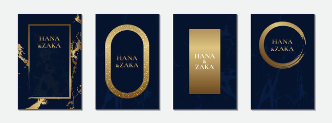 Dark blue wedding invitation cards marble texture and gold frame