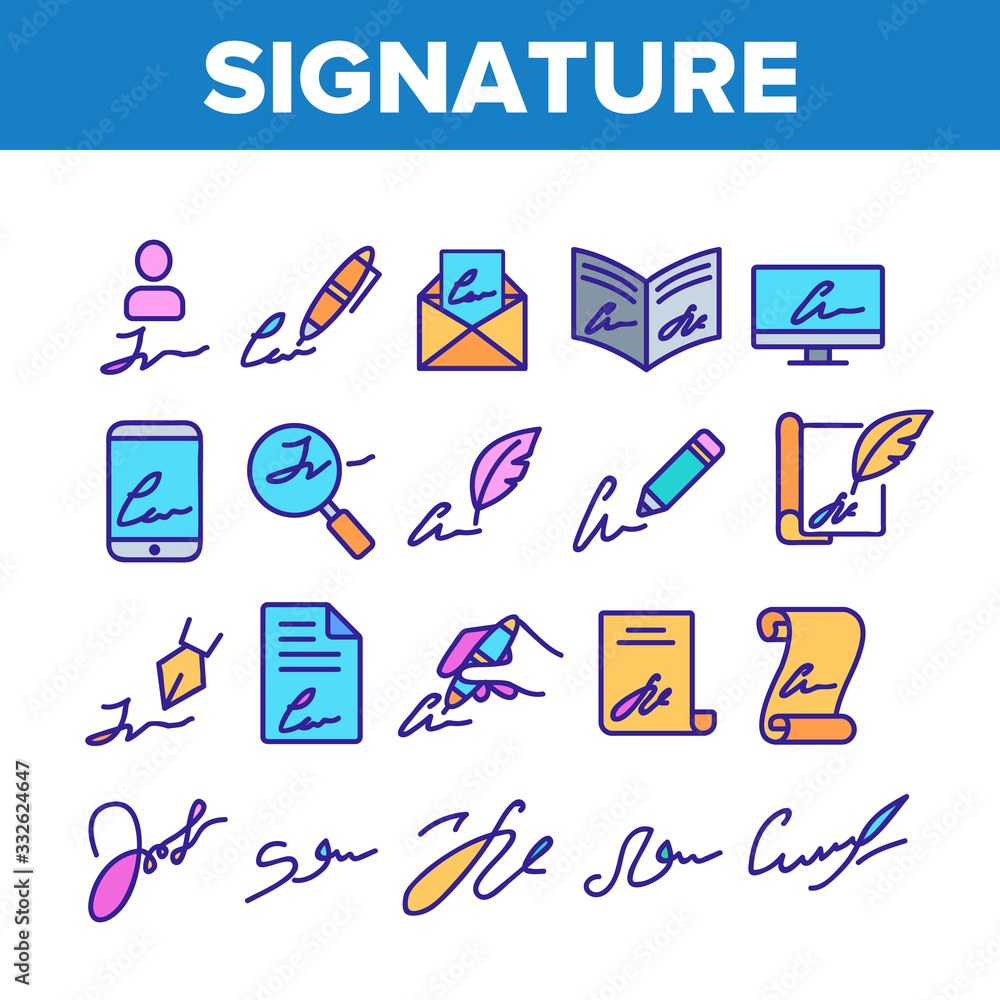Poster signature signing collection icons set vector. human own signature on partnership agreement and mess