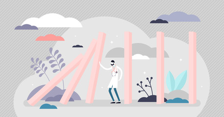 Pandemic crisis domino effect chain reaction concept, flat tiny person vector illustration