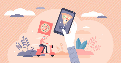 Home food delivery service concept, flat tiny person vector illustration
