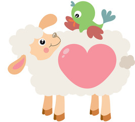 Cute love lamb with little bird