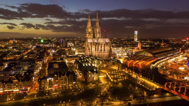 Timelapse of Cologne city cathedral at night, Germany