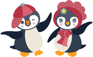 Funny couple of penguins on white background