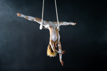 A young girl performs the acrobatic elements in the air trapeze. Studio shooting performances on a...