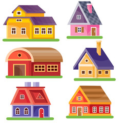 set of six houses of different colors in the style of a flat for illustrations and games, isolated object on a white background, vector illustration