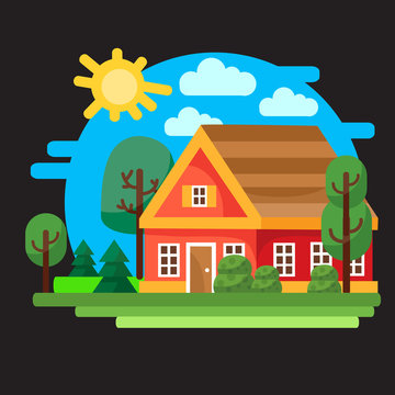 small red house with a brown roof against a blue sky with the sun, around bushes grass, trees and a river, black background, for games, vector illustration,