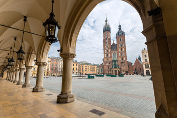 Cloth Hall and St. Mary's basilica in main square of Krakow. Poland's historic center, a city with ancient architecture. Cracow, Poland.