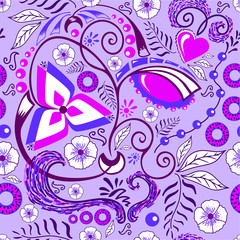  Vector graphics. Seamless pattern. Pattern with the image of flowers, leaves, curls on a purple background. For fabric and wallpaper.