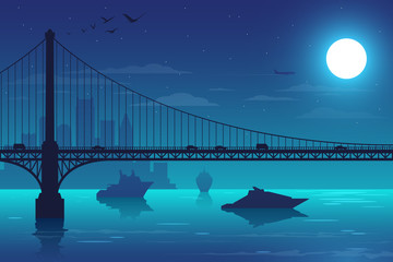 Bridge with water, ships, and city background