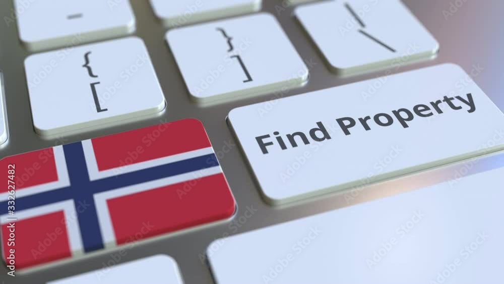 Poster find property text and flag of norway on the keyboard. online real estate service related conceptual