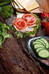 assembling sandwich with turkey meat, fresh tomatoes, cucumbers and green salad, nobody