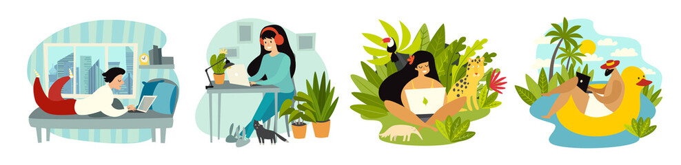 Stay home. Working at home. Freelancer people with laptop working vector illustration set. Digital nomad characters, home office and tropical workplace. Work on travel lifestyle concept - 332628240