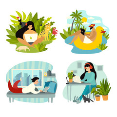 Obraz na płótnie Canvas Freelancer people with laptop working vector illustration collection. From home office to tropics workplace. Digital nomad characters. Work on travel lifestyle concept. Isolated draw icon on white bac