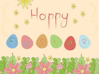 Happy easter postcard with eggs, birds and flowers, vector