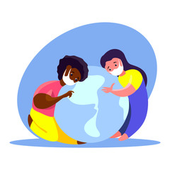 Coronavirus Epidemic Quarantine. Novel COVID 2019 Pandemic.Interracial Children in Medical Face Masks Hug Earth Globe Planet.Disinfection Measures.