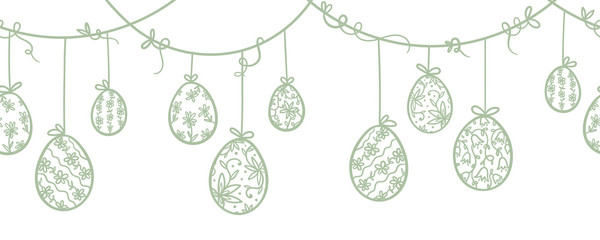 Cute hand drawn hanging easter eggs with floral pattern, horizontal seamless, easter garland, great for web banners, cards, vector design