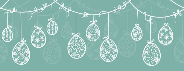 Cute hand drawn hanging easter eggs with floral pattern, horizontal seamless, easter garland, great for web banners, cards, vector design