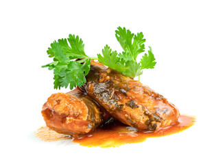 mackerel in tomato sauce isolated on white background