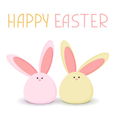 Colorful Happy Easter greeting card with Rabbit. Sweet pink and yellow easter bunnys sitting waiting for Easter.