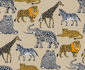 Vector background hand drawn exotic wild animals. Hand drawn ink illustration. Modern ornamental decorative background. Vector pattern. Print for textile, cloth, wallpaper, scrapbooking