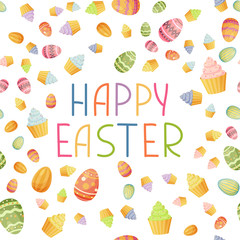 Happy Easter greeting card with easter colorful eggs and muffins. Vector illustration in simple flat style.