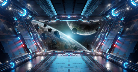 Blue and red futuristic spaceship interior with window view on planets 3d rendering © sdecoret