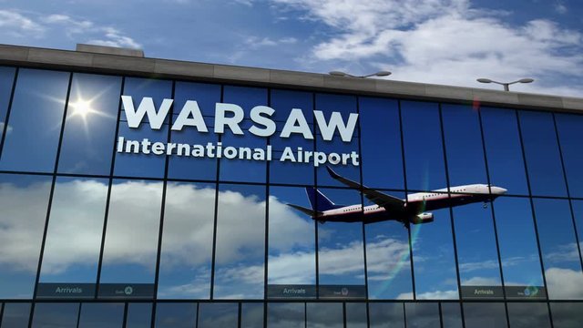 Jet aircraft landing at Warsaw, Warszawa, Poland 3D rendering animation. Arrival in the city with the airport terminal and reflection of the plane. Travel, business, tourism and transport concept.