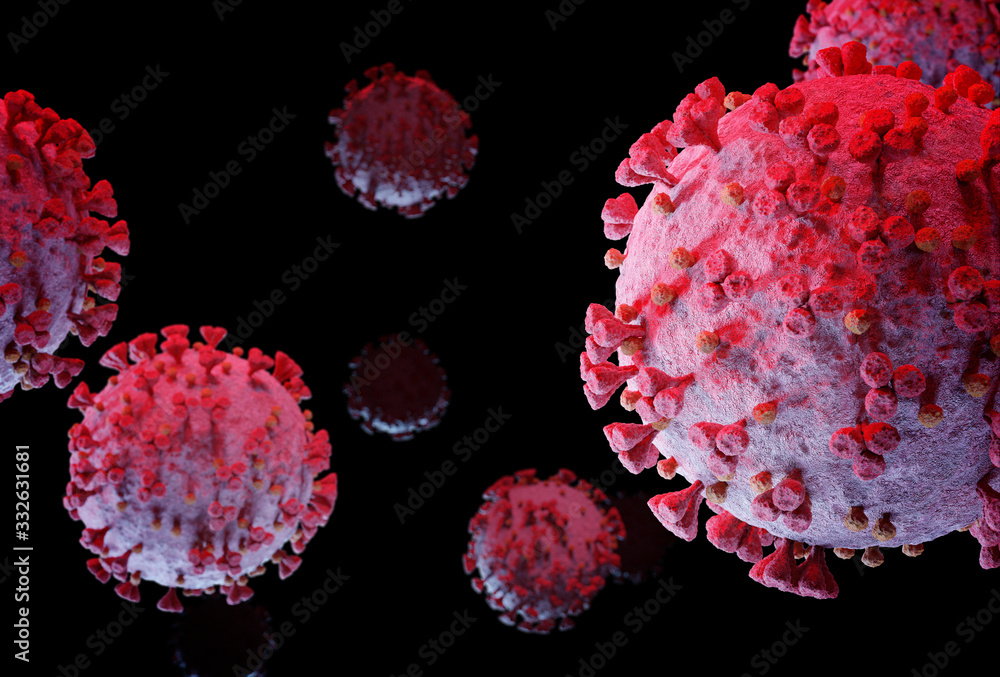 Poster 3d rendering of the coronavirus on a microscopic level. microscope close-up of the covid-19 disease.