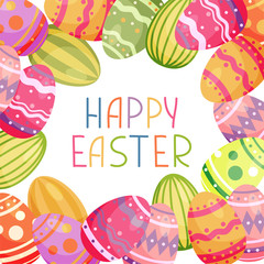 Naklejka premium Happy Easter greeting card with easter colorful eggs. Vector illustration in simple flat style. Stock illustration