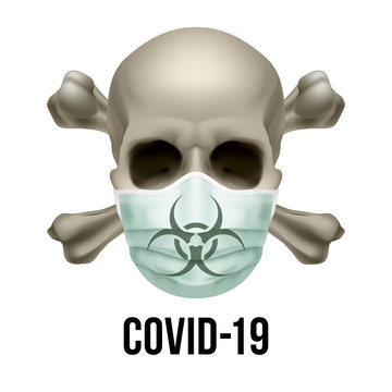 Illustration of Human Skull with Crossbones in Mask Isolated on White Background. Biohazard. Coronavirus Alert. Design element for Card, Banner, Flyer or Emblem
