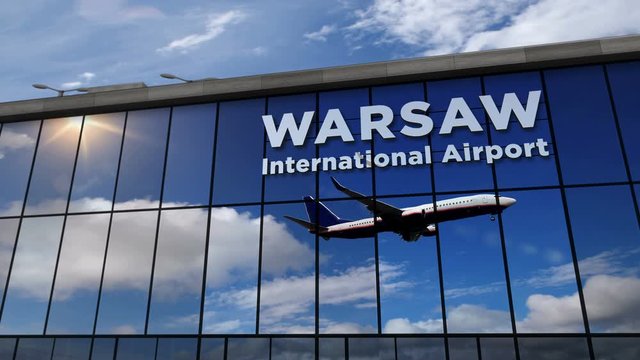 Jet aircraft landing at Warsaw, Warszawa, Poland 3D rendering animation. Arrival in the city with the airport terminal and reflection of the plane. Travel, business, tourism and transport concept.