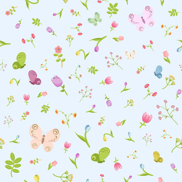 Vector seamless floral spring pattern with abstract flowers, tulips, snowdrops, butterflies and bees.